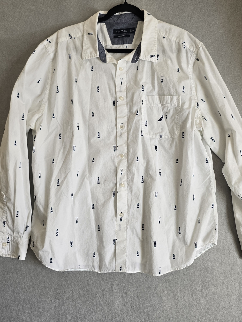 Nautica XXL White Long-Sleeve Button-Down Shirt Navy Lighthouse Print Classic